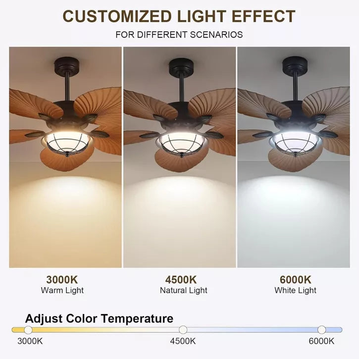 Kviflon 52" Waterproof Outdoor Palm Leaf Ceiling Fans with Lights and Remote,Wet Rated Tropical Ceiling Fans for Patios Porch Gazebo Pergola