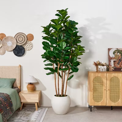 Dr.Planzen 8FT Artificial Fiddle Leaf Fig Tree with Natural Wood Trunk, Large Fake Plant with White Planter, Realistic Faux Lyrata Tree for Home Decor