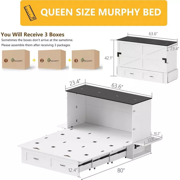 PAKASEPT Queen Murphy Bed, Murphy Cabinet Bed with Storage &Charging Station, Bed Frame with Foldable Panel and Hidden Space, for Bedroom/Guest Room
