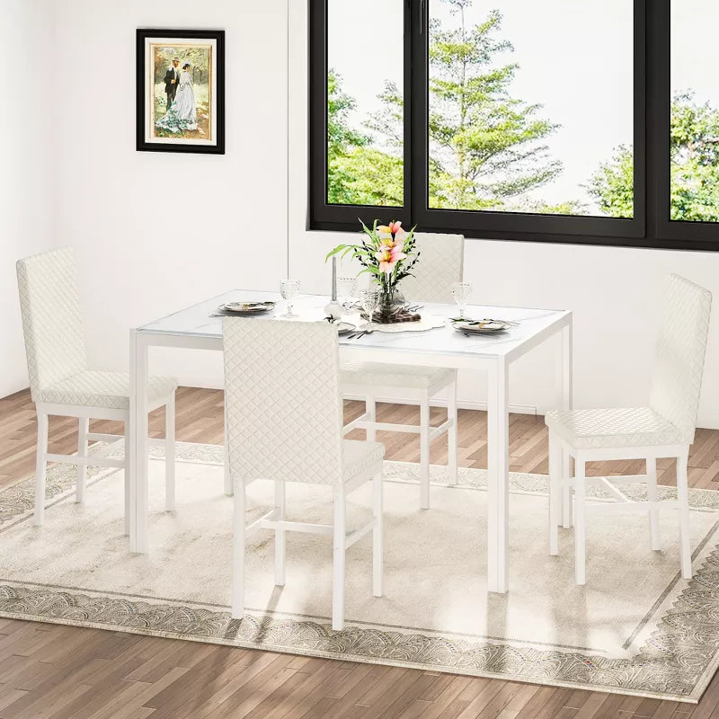 Hooseng Modern Luxurious Style 5/7 Piece Dining Room Table Set, Tempered Glass Top Dining Table Set for 4/6, Metal Frame And Upholstered Dining Chairs