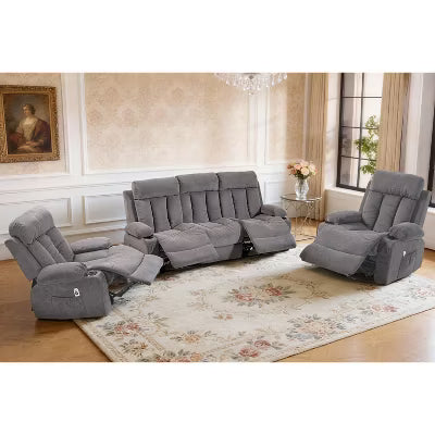 Bosmiller Manual Recliner Sofa Set, 3 Piece Reclining Living Room Furniture Sets with Cup Holders for Home Theater, Office (Grey, Sofa+Chair+Chair)