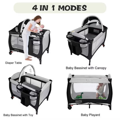 Kinder King 4-in-1 Portable Pack 'n Play with Bassinet, Changing Table, Adjustable Canopy, Storage Basket & Travel Bag – Infant to Toddler Playard