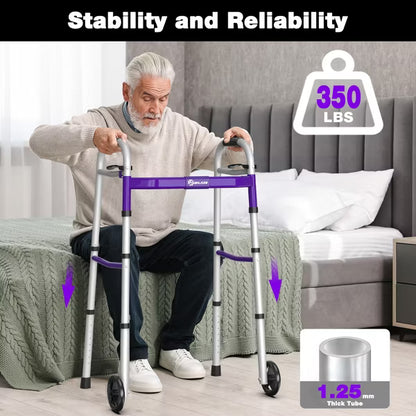 WHLICKS Lightweight Walker for Seniors, Folding Aluminum Mobility Walker with Wheels, Adjustable Height Narrow Walker for Elderly, Purple