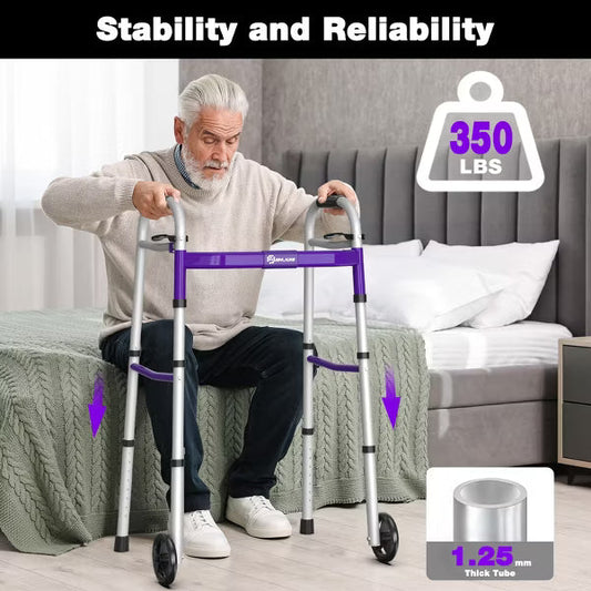 WHLICKS Lightweight Walker for Seniors, Folding Aluminum Mobility Walker with Wheels, Adjustable Height Narrow Walker for Elderly, Purple
