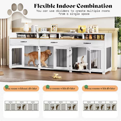 AMERLIFE Dog Crate with Storage Drawers, 95" Wooden Kennel with 3 Rooms, TV Console with Removable Divider