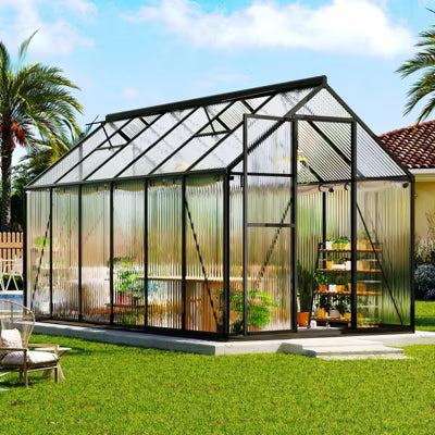 AMERLIFE Polycarbonate Greenhouse with 2 Top-Opening Windows, Swing-Open Doors, Aluminum Walk-in Heavy Duty Frame for Backyard Garden, Black