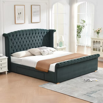 Upholstered Sleigh Bed with 2 Storage Drawers,Elegant Curved Headboard&Footboard,Soft Velvet,No Box Spring Needed,Easy Assembly