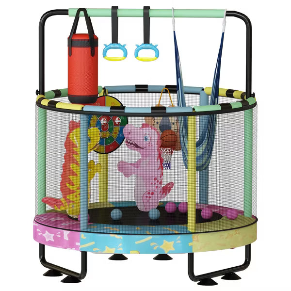 Hooseng 55" 7-in-1 Round Trampoline for Kids with Safety Enclosure Net, Indoor & Outdoor Toddler Trampoline with Adjustable Gymnastics Bar & Toys