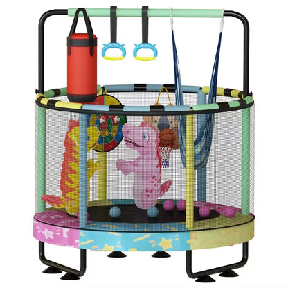 Hooseng 55" 7-in-1 Round Trampoline for Kids with Safety Enclosure Net, Indoor & Outdoor Toddler Trampoline with Adjustable Gymnastics Bar & Toys