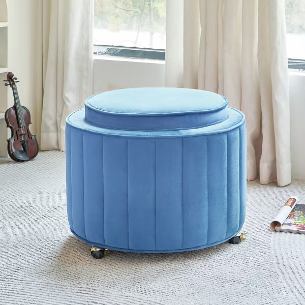 JOYRACER Upholstered Ottoman with Wheels ,Velvet Vanity Stool for Living Room Pouf Footstool, Blue