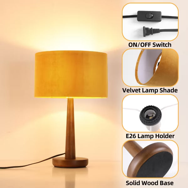 18.5" Walnut Tapered Wood Table Lamp with Orange Velvet Drum Shade for Bedside, Living Room, Reading Corner, Caf¨¦, Guest Lounge, or Hotel Room
