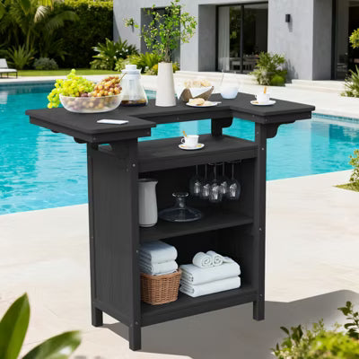 Hyleory Outdoor HDPE Bar Table with Storage Shelves and Glass Holder – Weather-Resistant Patio Entertainment Station