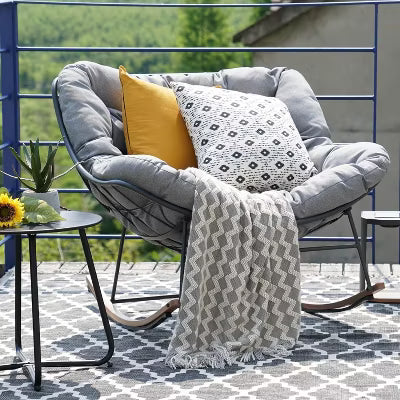 BOSMILLER Large Indoor Outdoor Rocking Chair, Papasan Rocking Chair with Thick Cushion, Oversized Wicker Rocker Egg Chairs, Beige