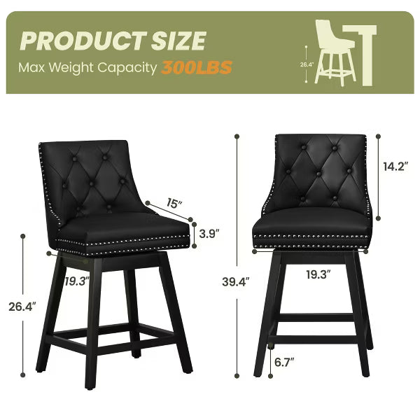 KERDOM Bar Stools with Backs, PU Leather Upholstered Counter Barstools with Solid Wood Legs for Kitchen Island, Black
