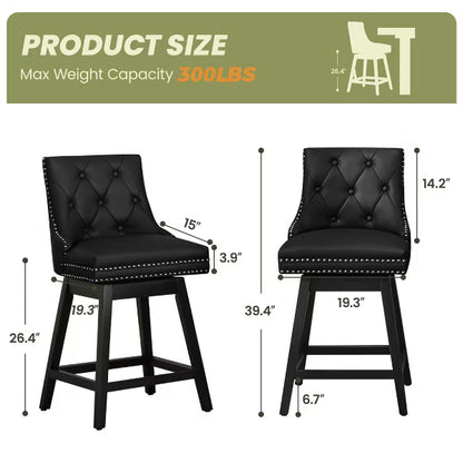 KERDOM Bar Stools with Backs, PU Leather Upholstered Counter Barstools with Solid Wood Legs for Kitchen Island, Black