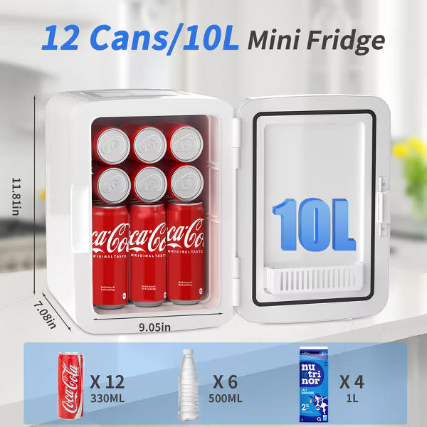 YASHE 10L Mini Fridge – Skincare & Drink Cooler/Warmer, Thermoelectric, 110V/12V, Compact for Bedroom, Office, Car, 12 Cans, White