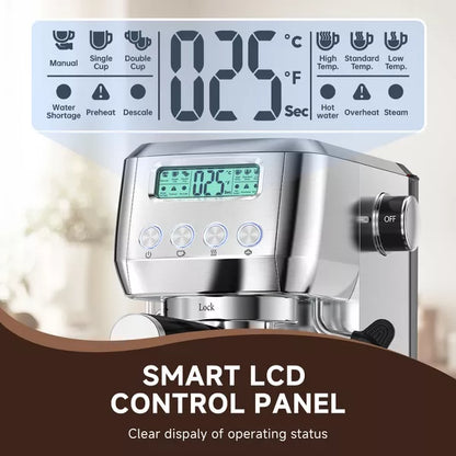 Espresso machine, 20 bar Coffee Machine, Stainless Steel Finish 1350W Espresso Maker, 3-IN-1 Customizable brew setting, LCD panel and panel frother
