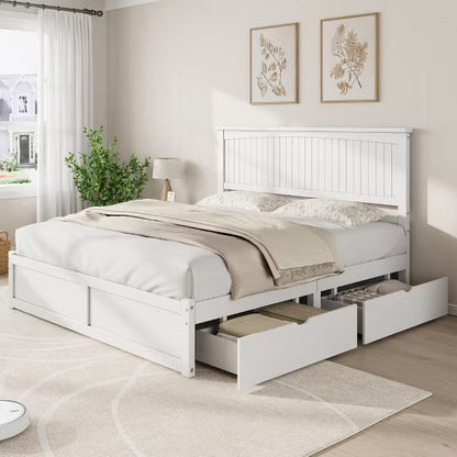 AMERLIFE Solid Wood Storage Mid-Century Bed Frame with 50" Headboard, 2 Drawers, No Box Spring Needed, Noise-Free