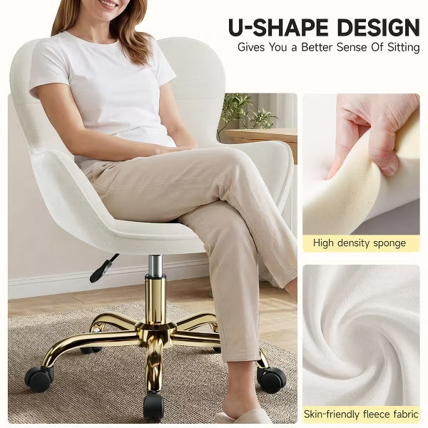 KERDOM Adjustable Upholstered Office Chair 360° Swivel Desk Chair with Wheels High Density Foam Ergonomic Computer Chair for Home Office,Beige