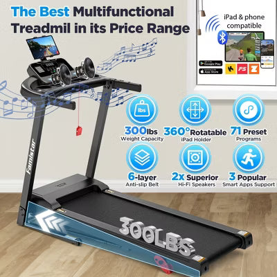Treadmill for Home, Portable Folding Electric Exercise Treadmill with Adjustable Incline, APP Control, 64 Programs, 300 lb Capacity, 7.5MPH