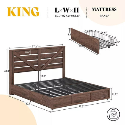 48.8" H Bed Frame with 4 Storage Drawers, Barn Door Headboard, Rustic Wood Grain, No Box Spring Needed