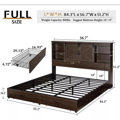 AMERLIFE Wooden Platform Bed with Bookcase Headboard, 2 Drawers, Charging Station
