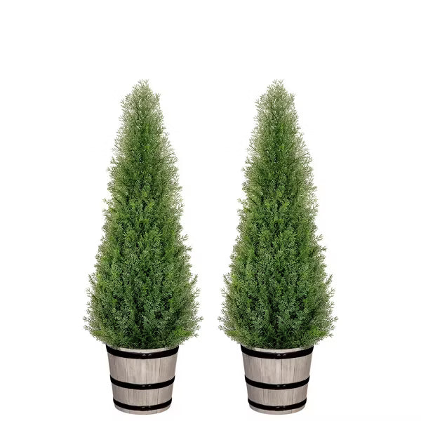 Romswi Artificial Cedar Topiary Tree, 3FT with Barrel Planter, Faux Pine Shrubs Plant, Outdoor Indoor Home Decor Realistic Fake Plants, 2-Pack