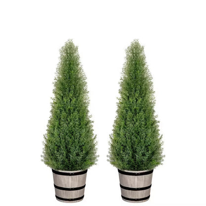 Romswi Artificial Cedar Topiary Tree, 3FT with Barrel Planter, Faux Pine Shrubs Plant, Outdoor Indoor Home Decor Realistic Fake Plants, 2-Pack