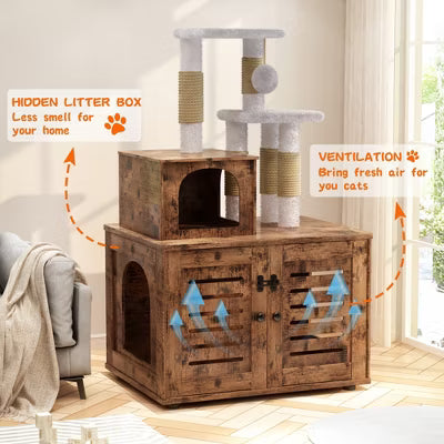 Hooseng Cat Litter Box Enclosure with Tree Tower and Condo, Hidden Washroom Wooden Cat Furniture with Sisal Scratching Post and Soft Plush Perch