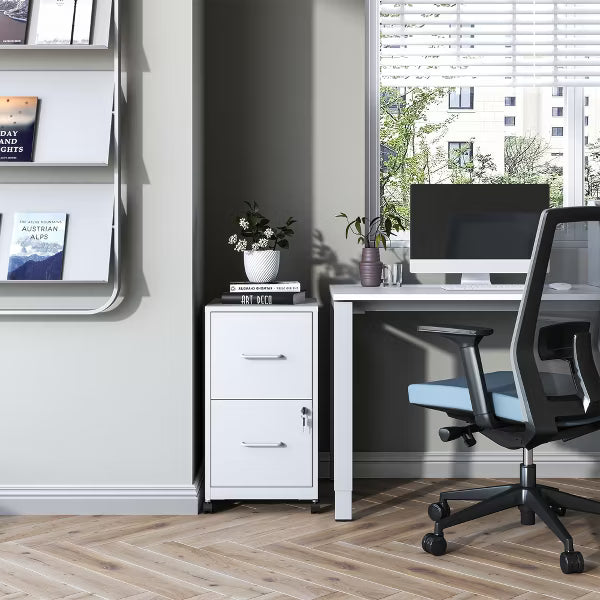 VIYET 25"H 2-Drawer Mobile Lockable File Cabinet,Metal Under-Desk Rolling Cabinet with Wheels,Fits Legal/Letter/A4 for Home Office (White)