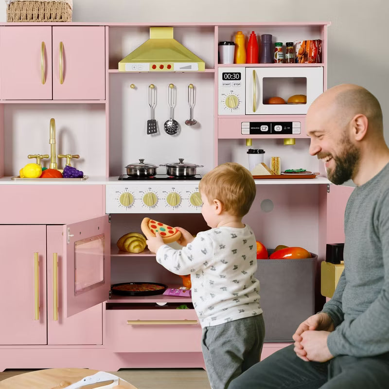 Kinder King Wooden Kids Play Kitchen, Toy Kitchen Playset for Toddler, Realistic Kitchen Sets w/Lights & Sounds, Gift for Boys Girls Age 3+