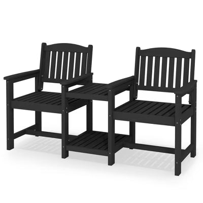 Hyleory HDPE Double Outdoor Chair with 2-Tier Side Table, Weather Resistant Patio Loveseat with Built-In Table