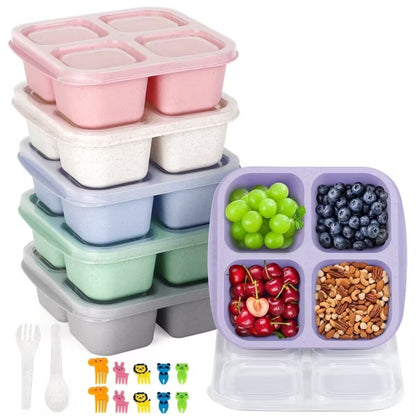 BRINJOY 4-Compartment Snack Containers, Reusable Food Storage Boxes with Lids & Utensils, 6-Pack Wheat Straw Snack Boxes for School Work Travel