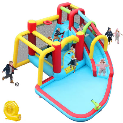 7 in1 Inflatable Kids Bounce House with Slide & Splash Pool, Outdoor Playground for Children, Climbing Wall, Basketball Football Hoop, Water Sprayer