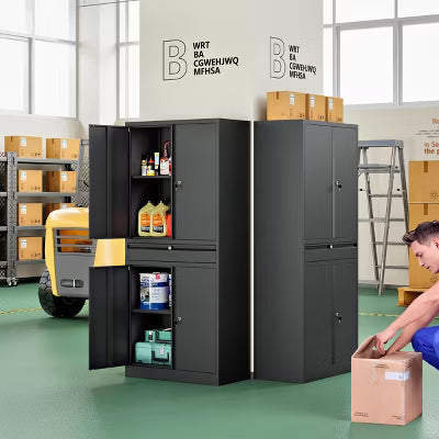 Mlezan 69" Metal Garage Cabinet: 4 Doors, 1 Drawer, 2 Adjustable Shelves, Wheels, Locking. For Garage, Utility, or Home Office.