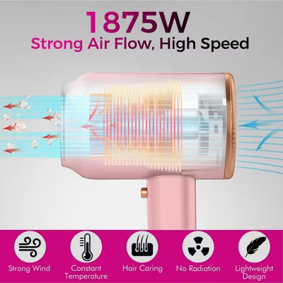 Hoey Professional Ionic Hair Dryer – 1800W Fast Drying, Low Noise Blow Dryer with 2 Concentrators and 1 Diffuser, for Home, Salon, and Travel