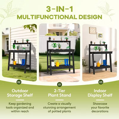 3-in-1 HDPE Potting Bench with Shelves and Hooks – Durable Outdoor & Indoor Planting Table