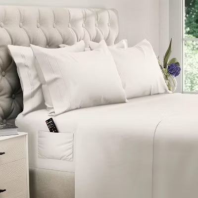 Hoey Queen Size 4-Piece Microfiber Sheet Set ¨C Deep Pocket Bed Sheets with Embroidered Pillowcases and Storage Pocket (White)