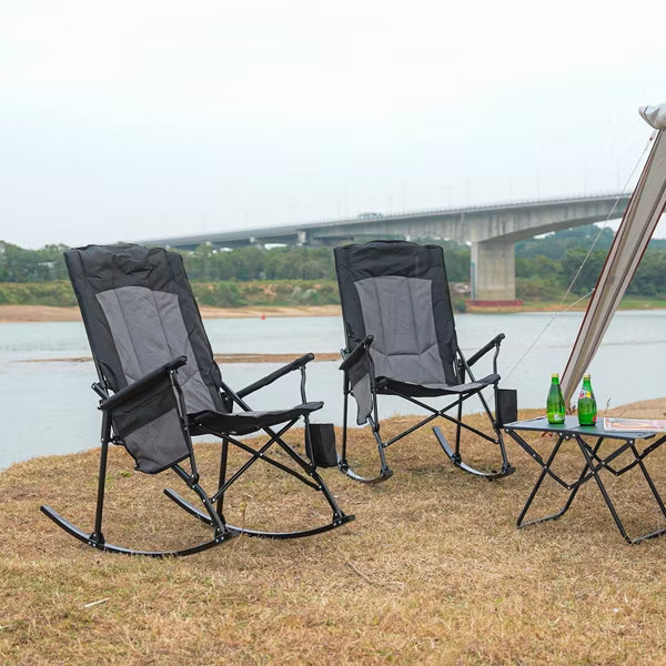 SUNSPIRE Folding Rocking Camping Chair 2-Pack, Heavy Duty Padded Rocker with High Back Hard Armrests for Outdoor Patio Garden Blue+ Grey