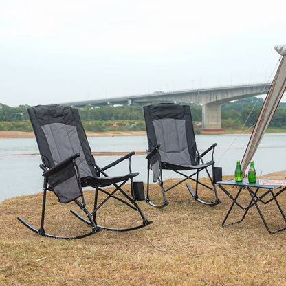 SUNSPIRE Folding Rocking Camping Chair 2-Pack, Heavy Duty Padded Rocker with High Back Hard Armrests for Outdoor Patio Garden Blue+ Grey