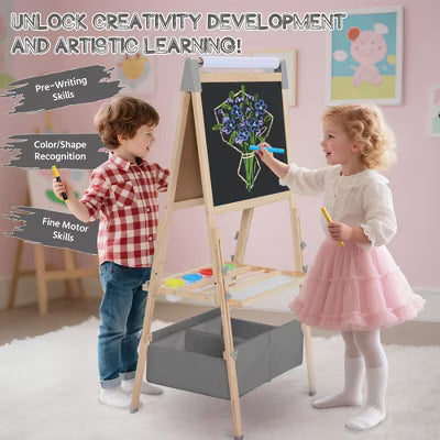 TODECARE Kids 3-in-1 Adjustable Kids Art Easel with Magnetic Whiteboard, Chalkboard, Paper Roll and Storage, Pink