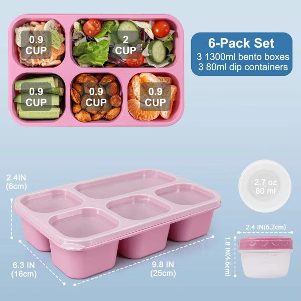 BRINJOY 5-Compartment Snack & Lunch Containers, 3-Pack 1300ml with 3 Sauce Containers, Wheat Straw Dishwasher Safe for Work School