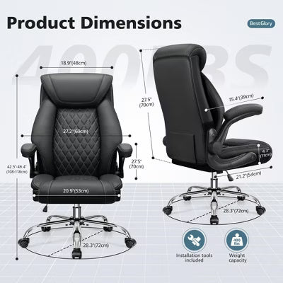 KERDOM Big and Tall Breathable Leather Office Chair with Lumbar Support Flip-Up Armrests, Black