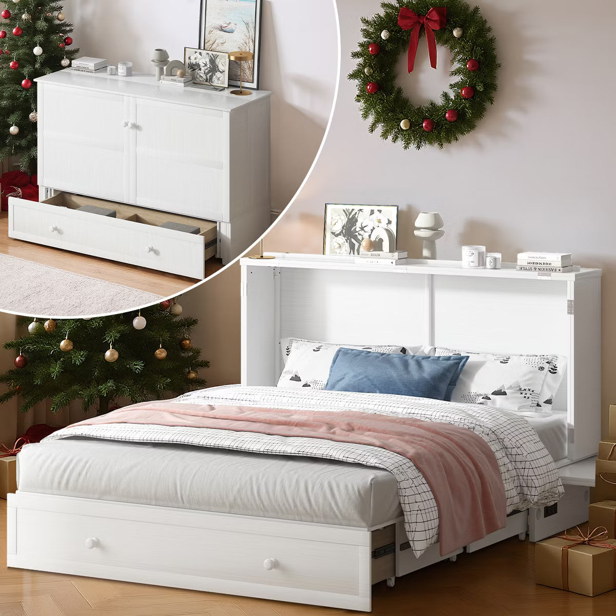 Mjkone Queen Murphy Bed Cabinet with Built-in Charging Station and Drawer,Trifold Mattress, Modern Murphy Cube Chest Bed