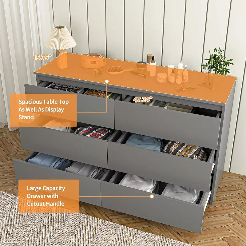 CIPACHO Modern Grey 6 Drawer Double Dresser Roomy Storage Chest Ideal for Bedroom Closet Living Room to Organize Clutter and Enhance Home Elegance