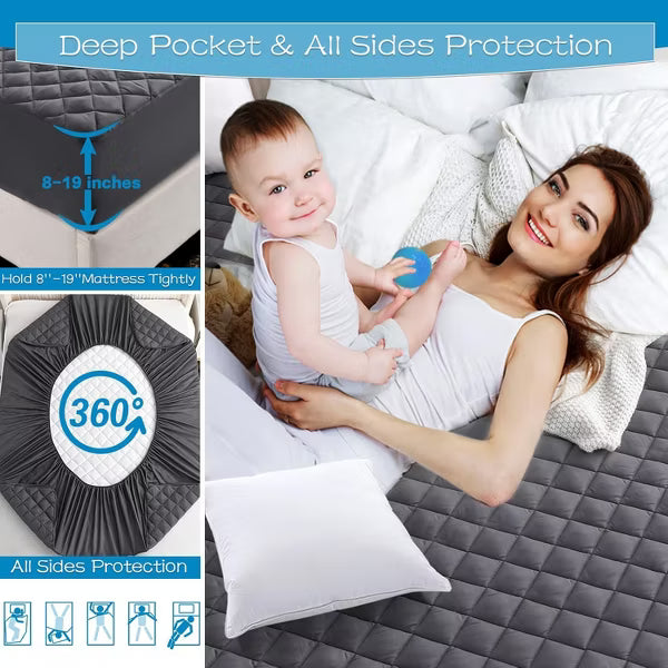 Hoey Queen Size Waterproof Mattress Pad Protector – Quilted, Breathable, Noiseless Fitted Cover, Fits Up to 21" Deep Pocket