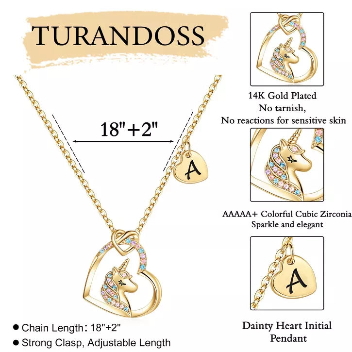 Turandoss Gold Unicorn Necklace Gifts for Girls Daughter - Heart Pendant Initial Unicorn Necklaces for Girl Teens, Little Girls Jewelry Birthday Gift