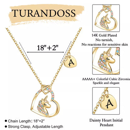 Turandoss Gold Unicorn Necklace Gifts for Girls Daughter - Heart Pendant Initial Unicorn Necklaces for Girl Teens, Little Girls Jewelry Birthday Gift