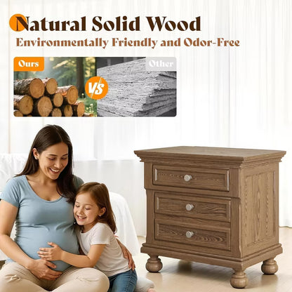 AMERLIFE Solid Wood Nightstand with 2 Drawers, Fully Assembled Extra-Large Traditional End Table for Bedroom & Living Room