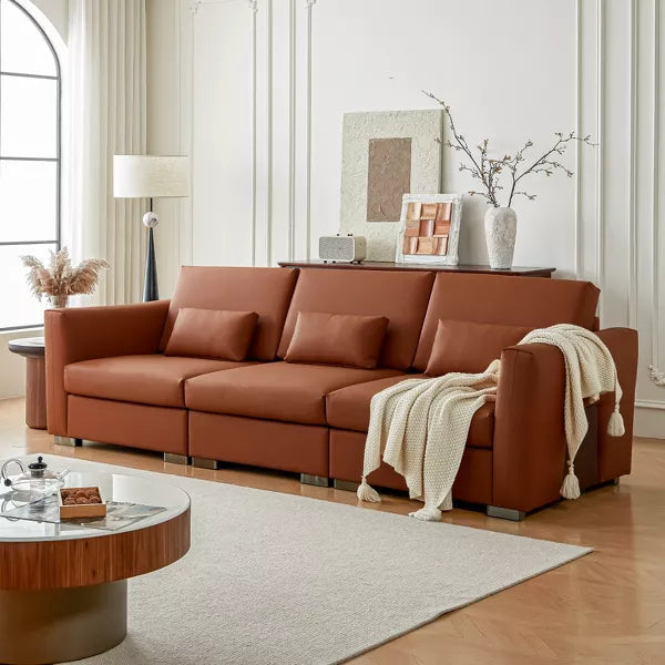 ATJafurn Mid Century Modern Sectional Leather Couch, Orange Genuine Leather Sofa with Metal Legs 2 Pillows Deep Seat for Living Room